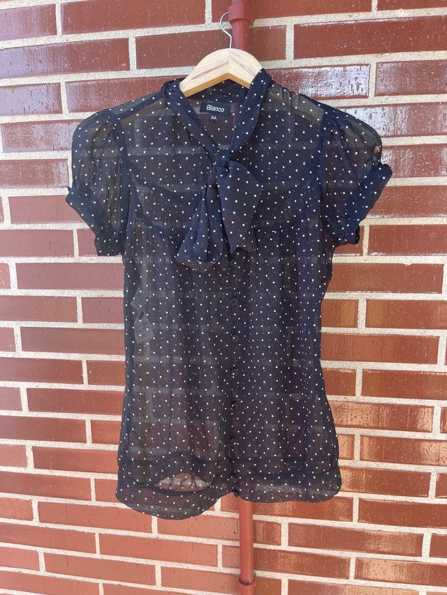 Blusa semitransprente, manga corta, lazada cuello