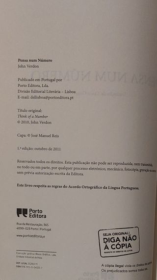 Livro "Pensa num Número" (John Verdon) 1ª edição