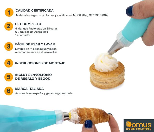 4 mangas pasteleras, silicona, 6 boquillas acero