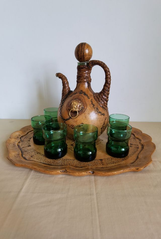 Servizio vintage caraffa, 6 bicchieri e vassoio