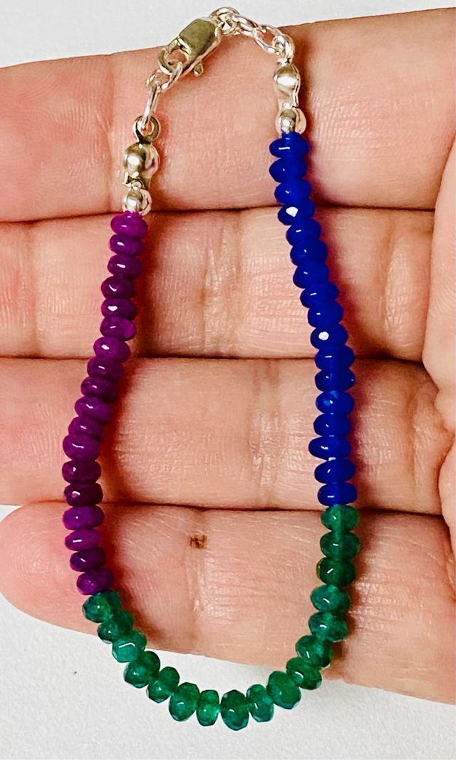 Pulsera agata verde, azul y roja en plata ley 925