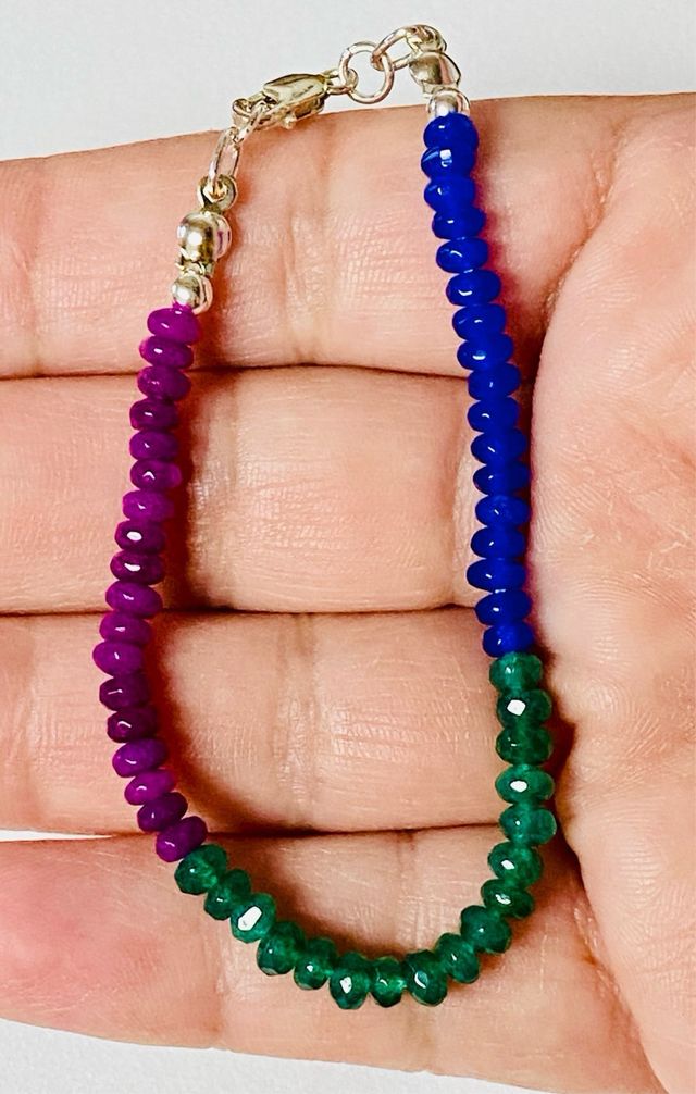 Pulsera agata verde, azul y roja en plata ley 925
