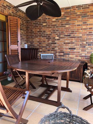 Conjunto mesa, 8 sillas t carrito Teca