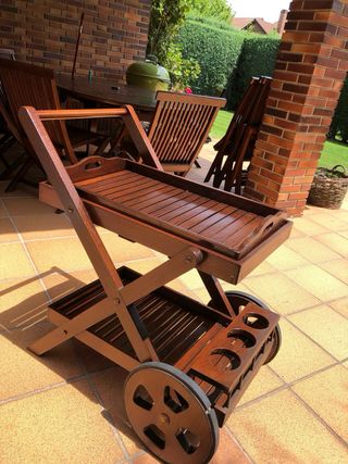 Conjunto mesa, 8 sillas t carrito Teca