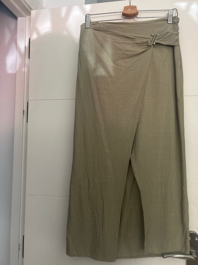 falda lino verde stradivarius