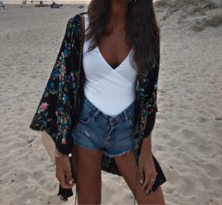 Vestido-Kimono negro estampado XS-S