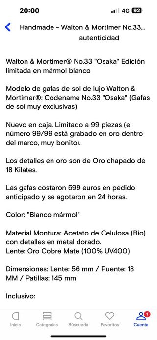 Gafas de sol Handmade unisex de lujo Originales