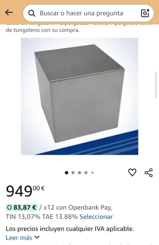 Cubo de tungsteno 2,4kg 5cm de lado