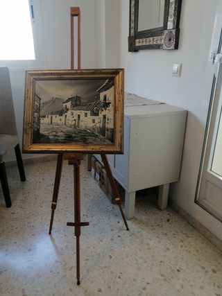 Lote de caballete de madera y cuadro
