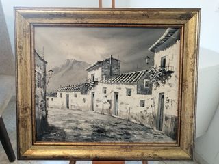 Lote de caballete de madera y cuadro