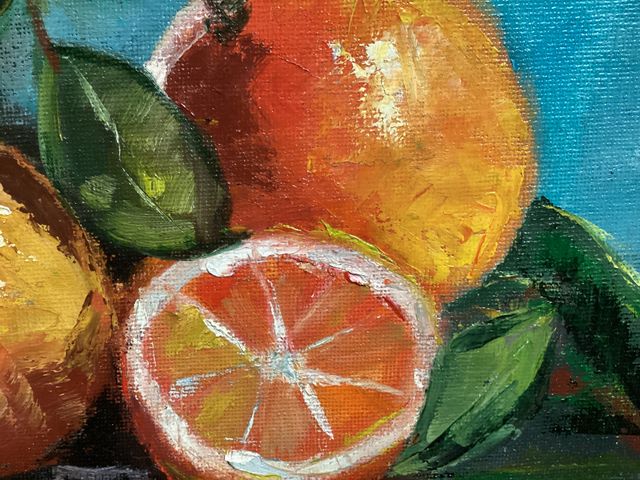 Dos Cuadros al óleo de Naranja y Limón Bodegón