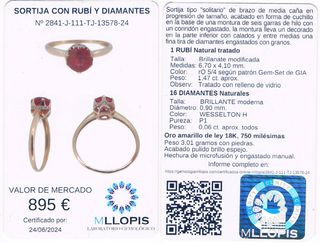 Anillo rubí certificado natural tratado de oro 18k
