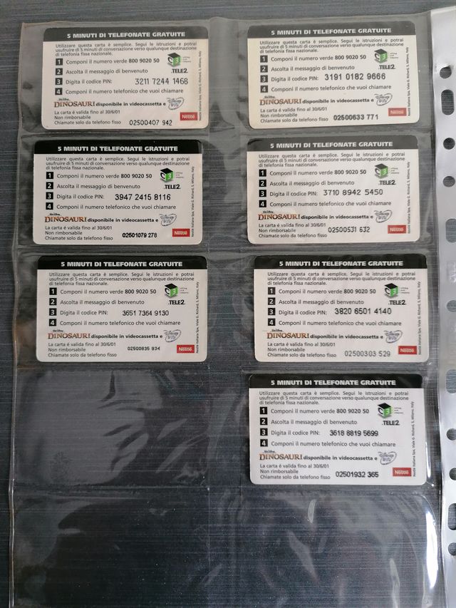 Lotto 7 schede telefoniche Dinosauri Disney 2000