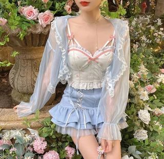Cárdigan encaje coquette blusa azul