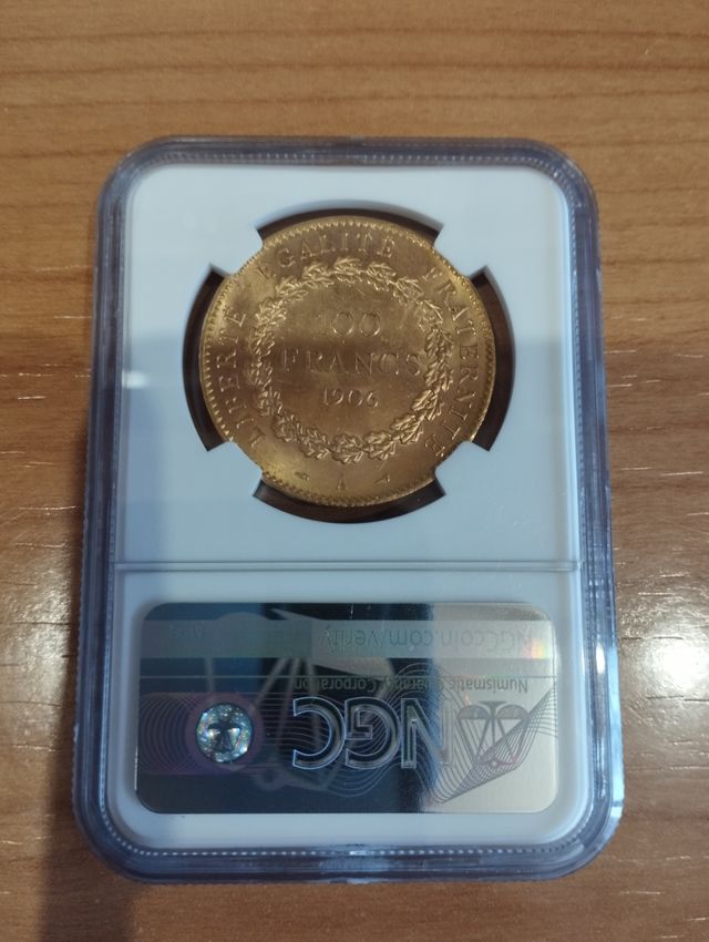 Moneda oro 100 francos 1906A MS63 NGC