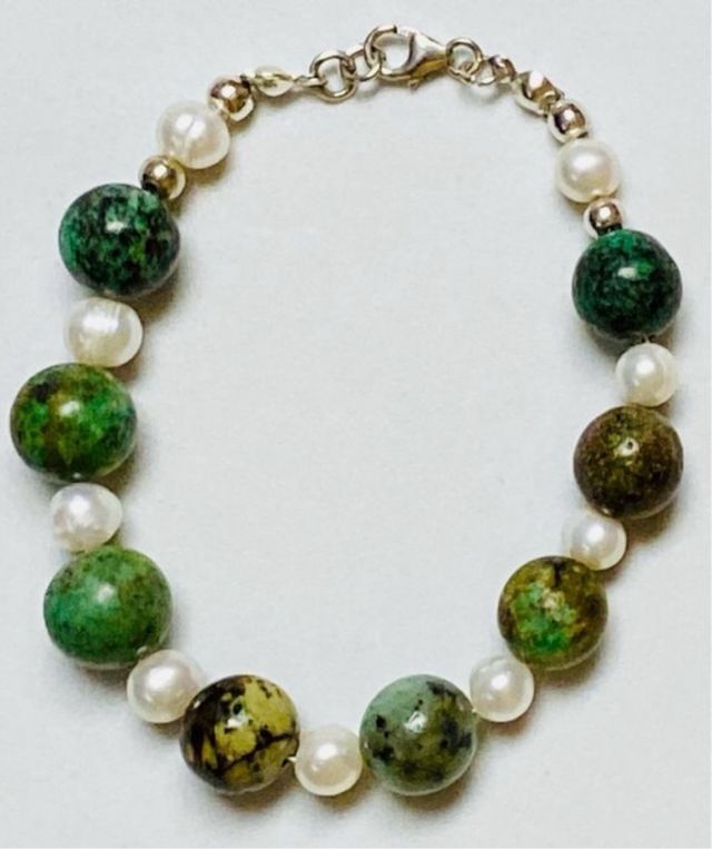 Pulsera de turquesas y perlas en plata de ley 925