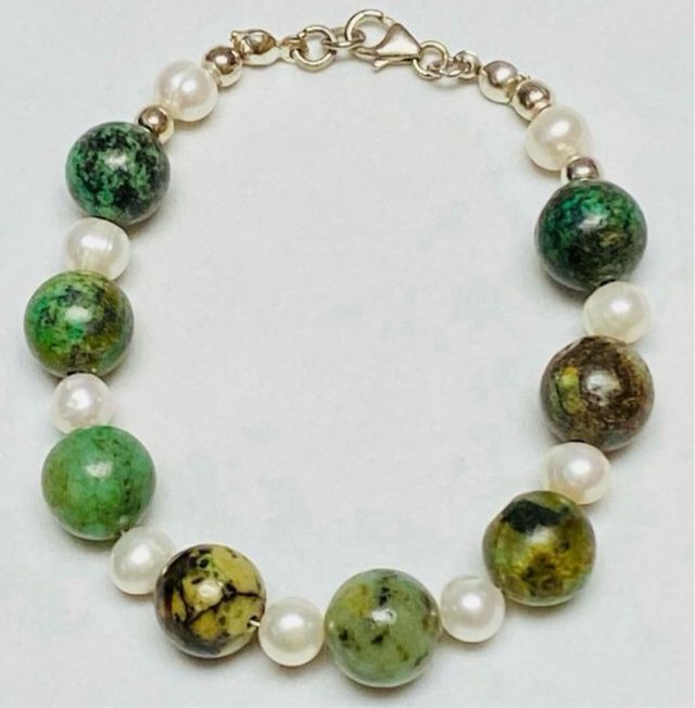 Pulsera de turquesas y perlas en plata de ley 925
