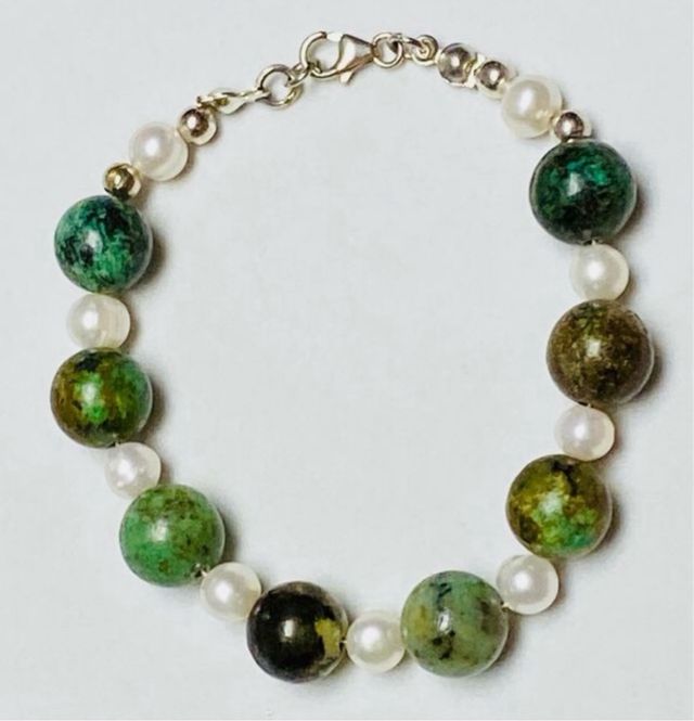 Pulsera de turquesas y perlas en plata de ley 925