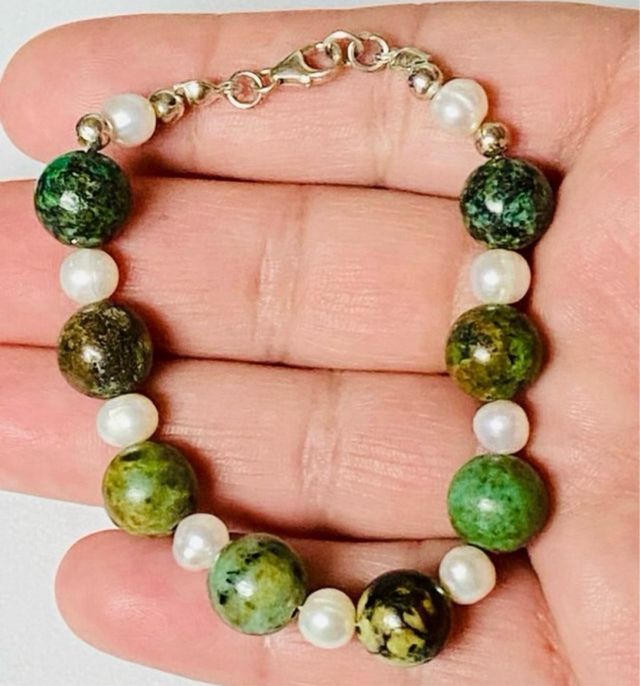 Pulsera de turquesas y perlas en plata de ley 925