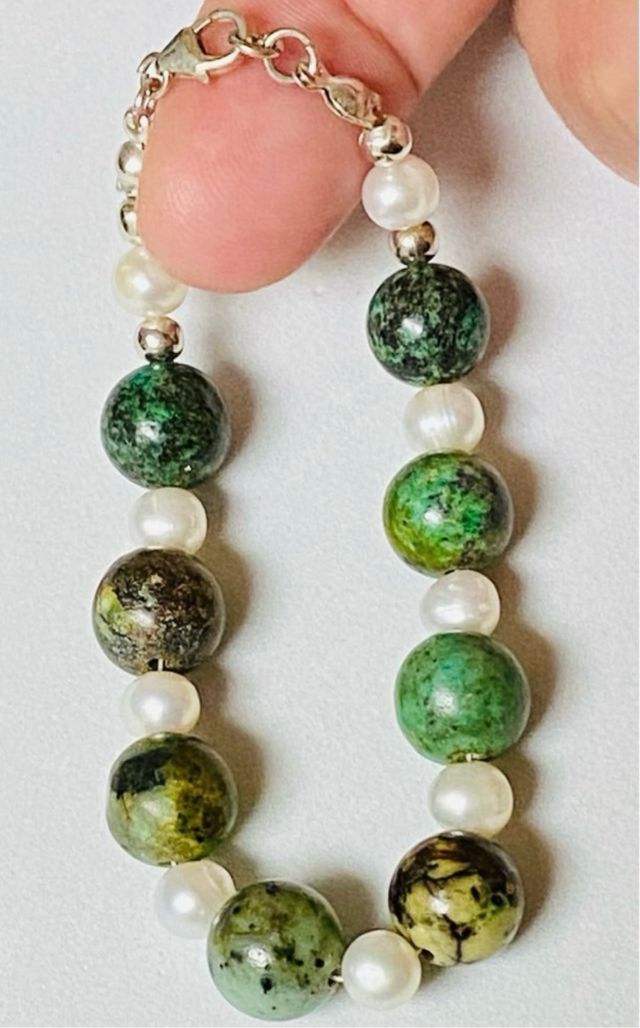 Pulsera de turquesas y perlas en plata de ley 925
