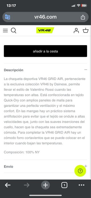 Chaqueta Verano VR46 con rejilla aireada.