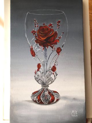 Cuadro al óleo con una rosa dentro de una copa