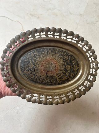 Bandeja cuadro laton pavo real china antigua