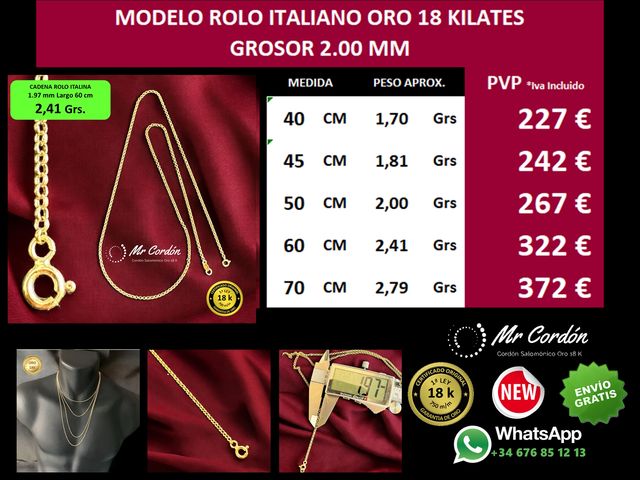 Cadena Rolo Italiana 2.00 mm Oro 18 Kilates