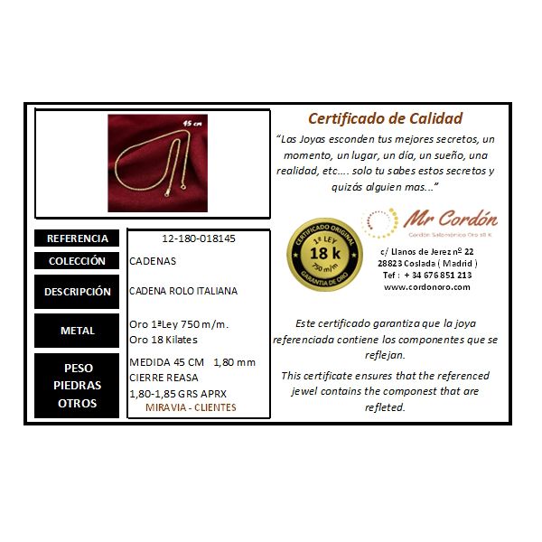 Cadena Rolo Italiana 2.00 mm Oro 18 Kilates