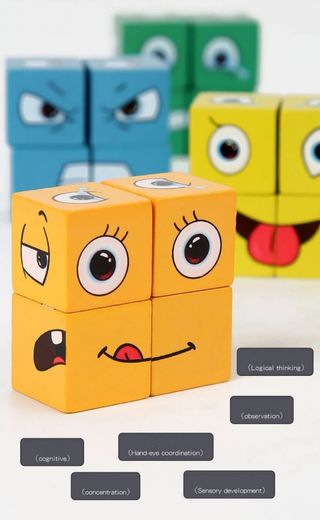 Puzzle cubos madera + cartas,diferentes caras.
