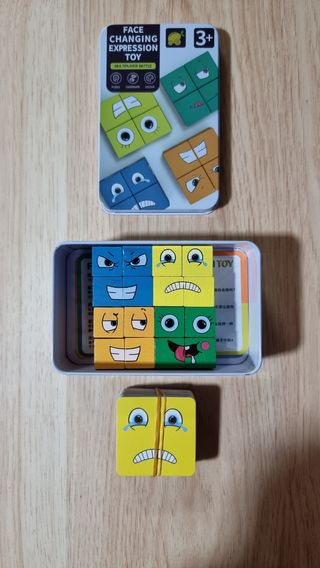 Puzzle cubos madera + cartas,diferentes caras.