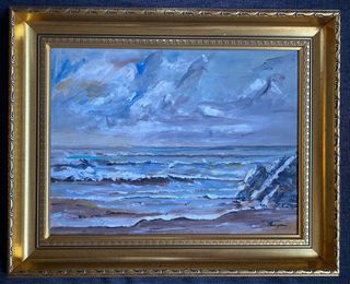 Marina pintada al óleo sobre tabla. Thompson