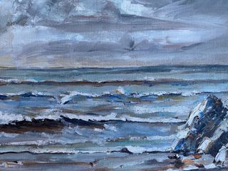 Marina pintada al óleo sobre tabla. Thompson