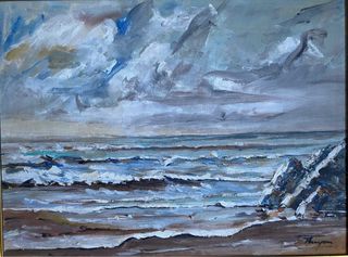 Marina pintada al óleo sobre tabla. Thompson