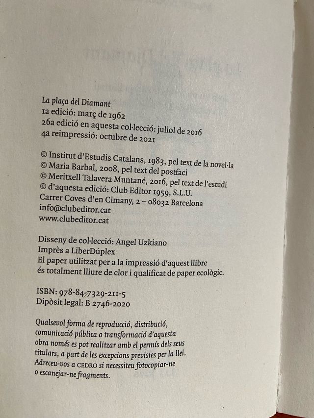 Libro lectura La plaça del diamant