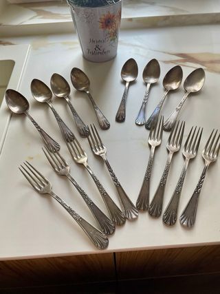 Juego 8+8 cucharas/tenedores alpaca antiguos