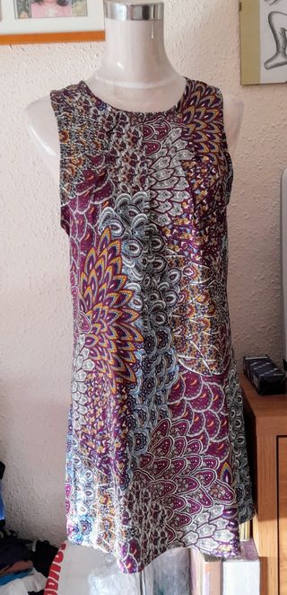 Natura Vestido Estampado Plumas Pavo Real 38-40.