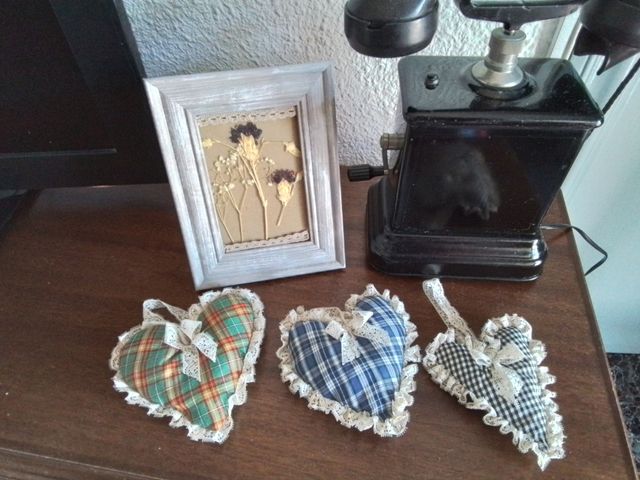 Corazones de tela, vintage, adorno rustico