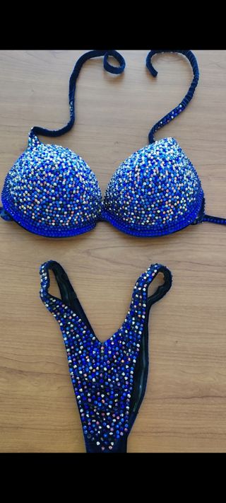 Bikini competición fitness Swarovski azul 