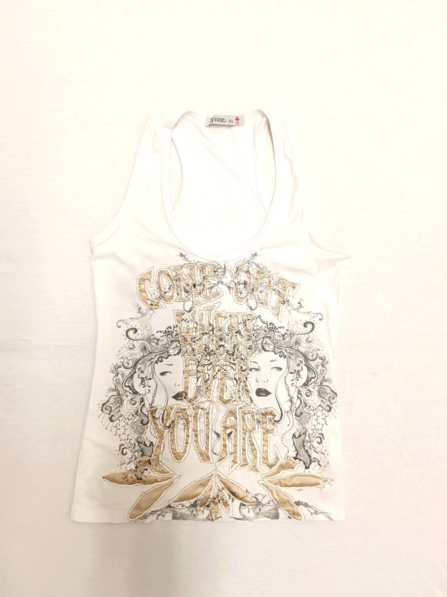 Tank top/canotta bianca con disegno Y2K per donna