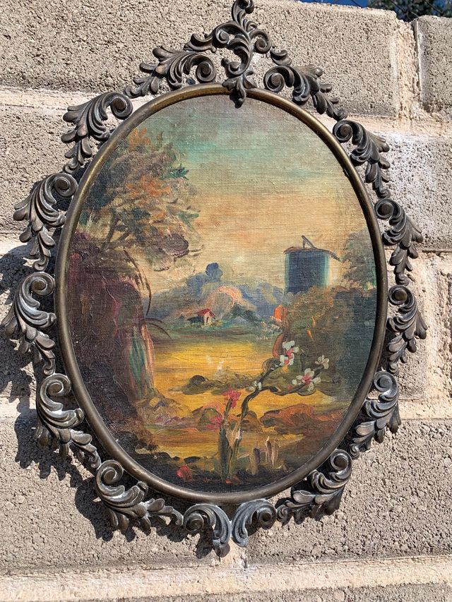 Quadro antico pittura con cornice di ottone