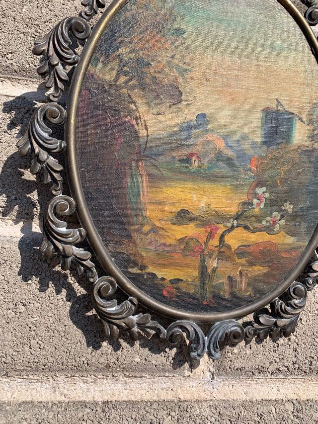 Quadro antico pittura con cornice di ottone