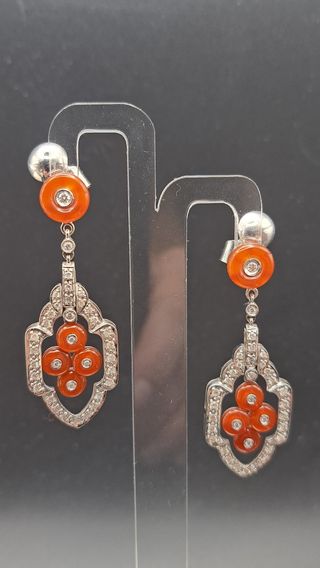 Pendientes de Oro 18K Blanco con Diamantes y Ágata