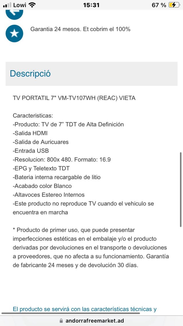 TV portatil 7’’ Con TDT.