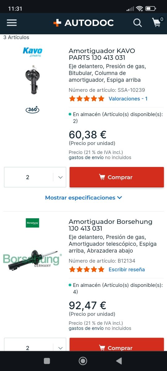 Amortiguadores delanteros REF: 1J0413031