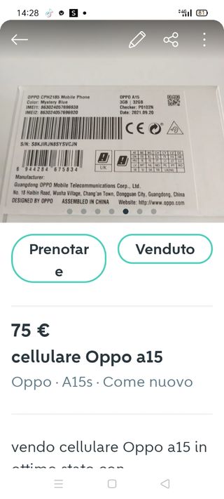 Cellulare Oppo a 15