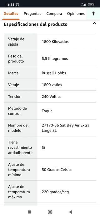 Freidora de aire 8 litros Russell Hobbs