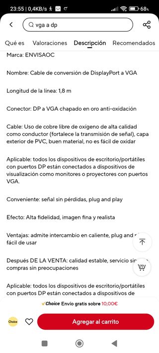 Cable display port a VGA