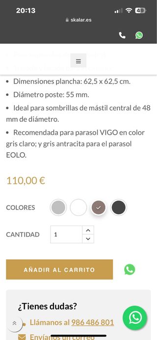 Parasol XL 2.5x2.5m y base plancha de acero 18kg