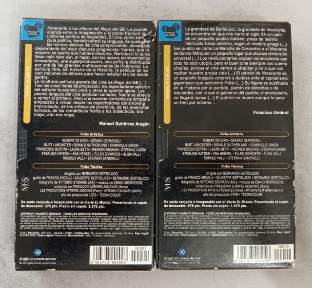 Vhs "Novecento" de Bernardo Bertolucci